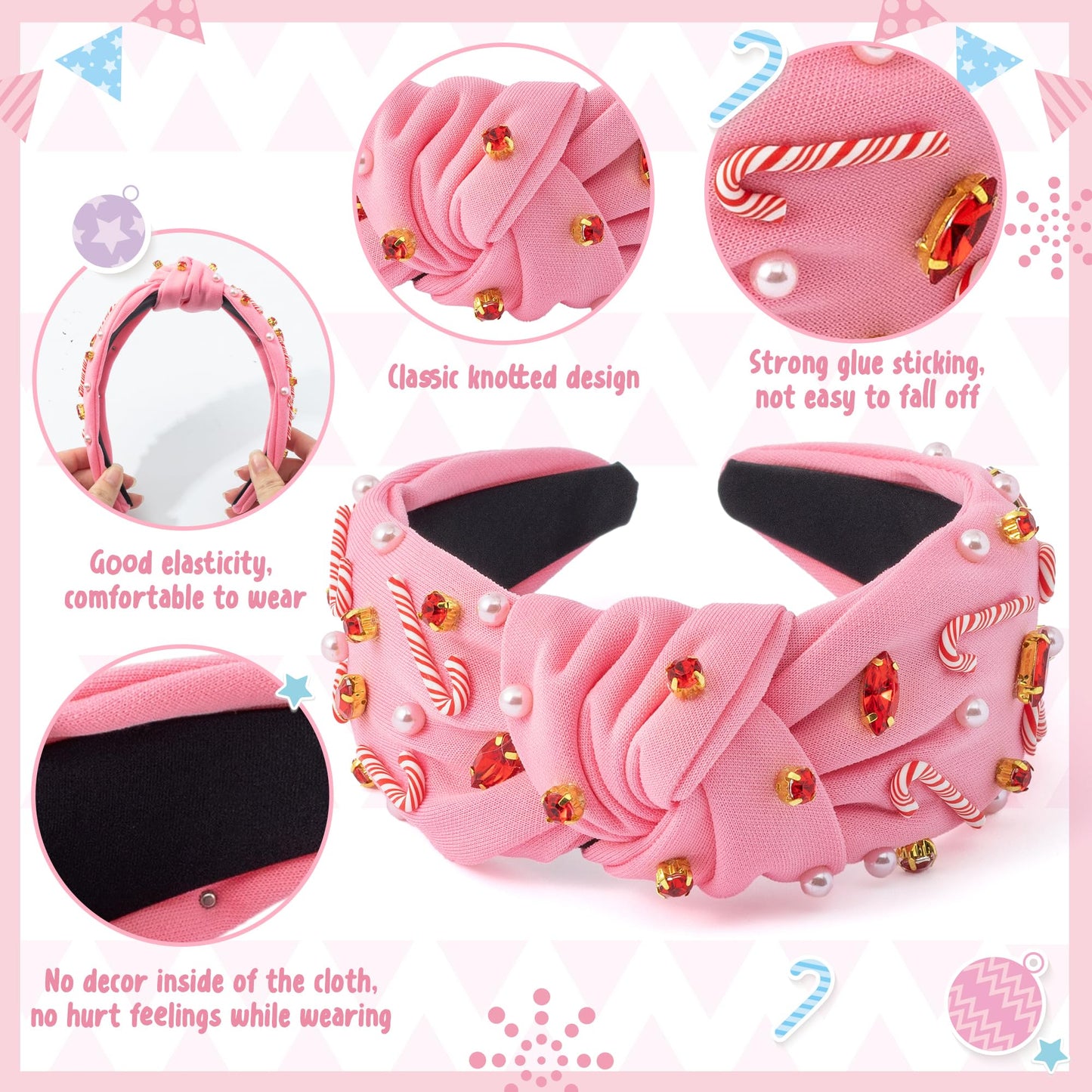 PANTIDE Christmas Jeweled Knotted Headband - Xmas Candy Cane Rhinestone Crystal Pearl Embellished Headband None Slip Wide Top Knot Fashion Hairband Hair Accessories Birthday Gift for Women Girl (Pink)