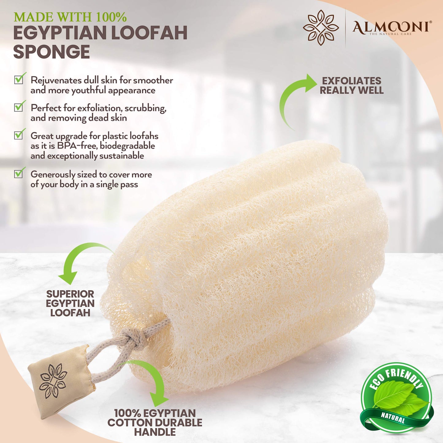 Premium Natural Egyptian Shower Loofah Sponge and Facial Loofahs, Large Exfoliating Shower Loofa Body Scrubbers Buff Away Dead Skin for Smoother, More Radiant Appearance (3 lufa Pack)