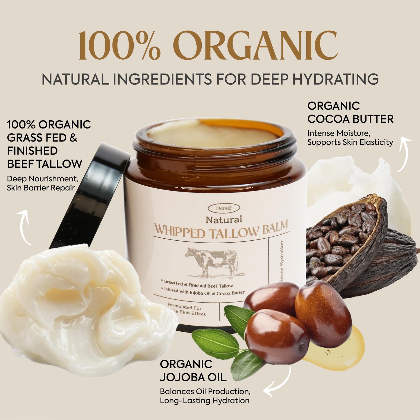 Dersie Beef Tallow for Skin: 100% Grass-Fed Whipped Tallow Balm for Deep Hydration & Soothing – Suitable for Dry, Sensitive & Mature Skin, Safe for Kids & Babies (Made in USA)