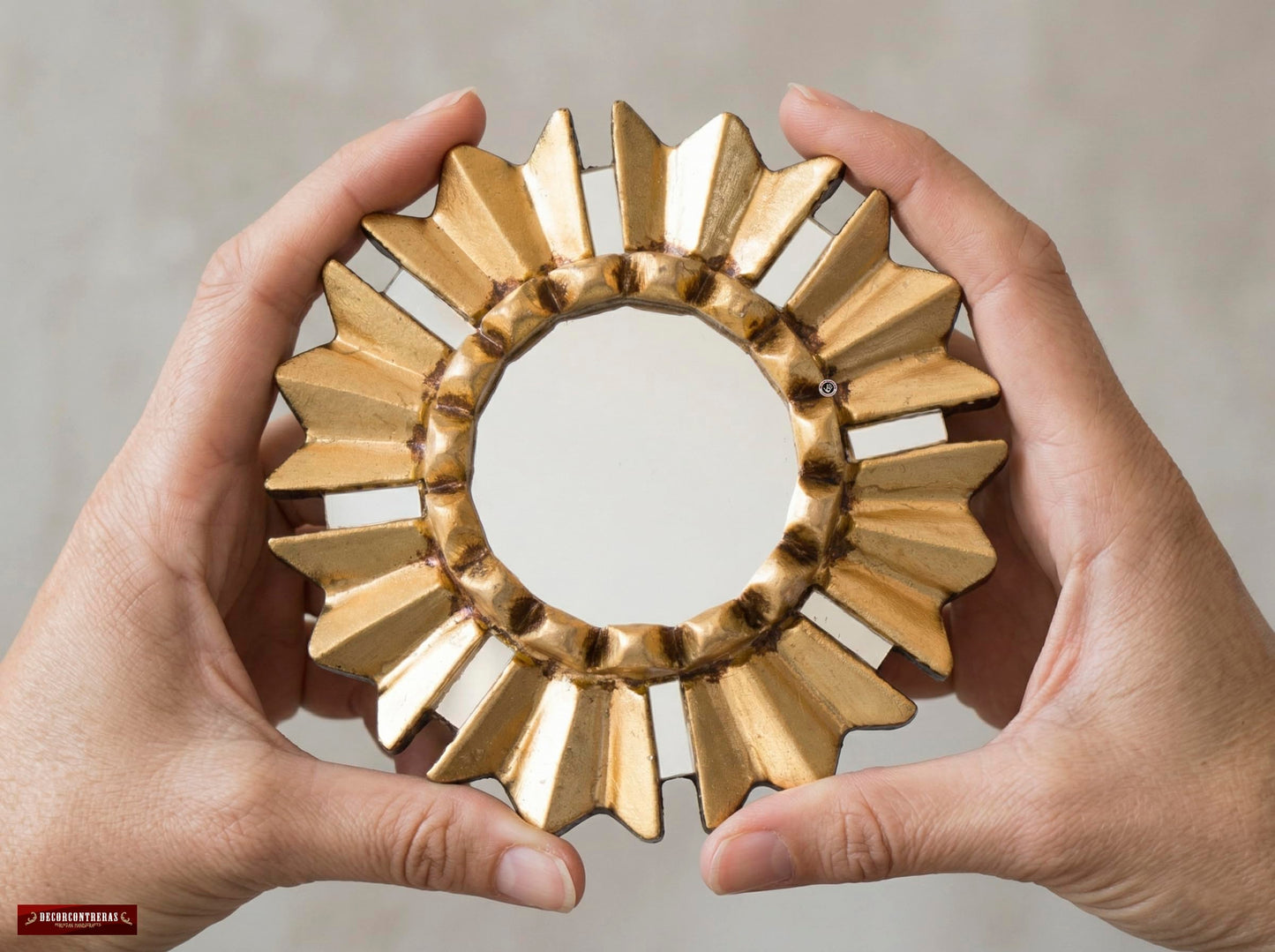 DecorContreras Small Round Wall Mirror with Bronze Leaf Frame 6in -Peruvian Sun Design - Handmade Wood Hanging Mirror Decor