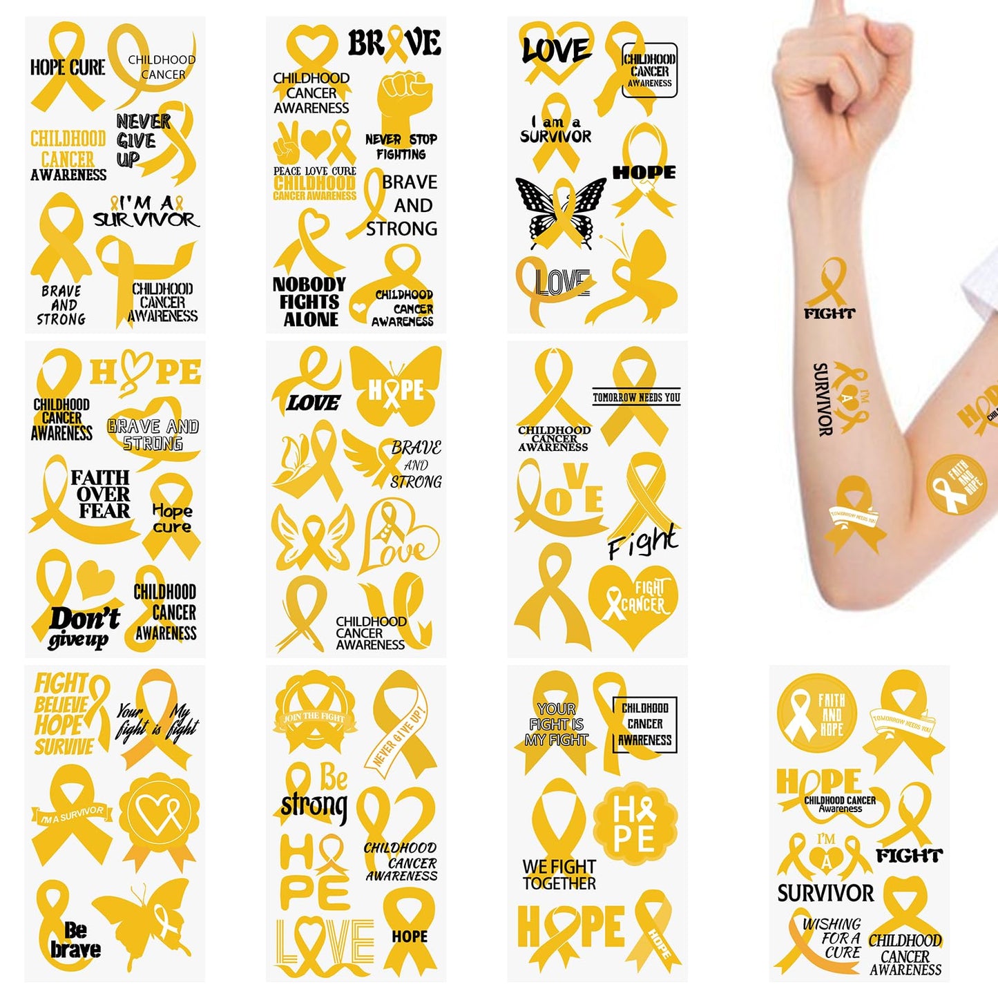 WANDIC 30 Sheets Childhood Cancer Awareness Temporary Tattoos, Gold Ribbon Awareness Tattoo Sticker Cancer Survivor Decals for Charity Decoration