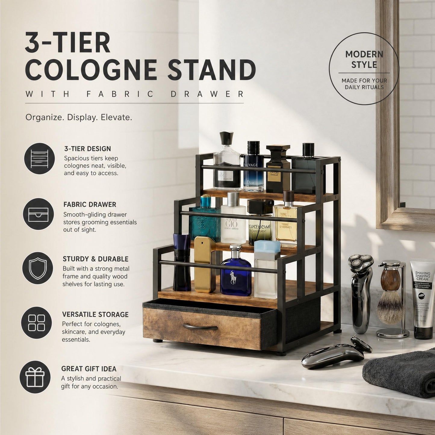VonDream 3-Tier Cologne Stand with Fabric Drawer, Cologne Organizer for Men, Spacious Wine Rack,Coffee Syrup Stand for Kitchen, Bathroom & Bar Counter Décor