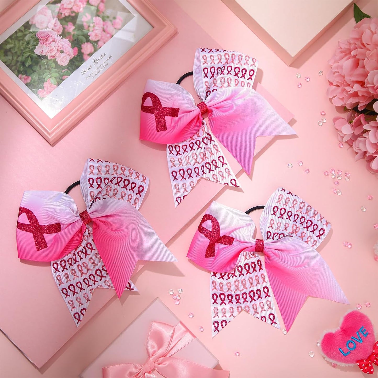 Breast Cancer Awareness Cheer Bows - 18 Pcs Pink Ribbon Hair Accessories for Teens & Women | 7 Inch Elastic Ponytail Holders