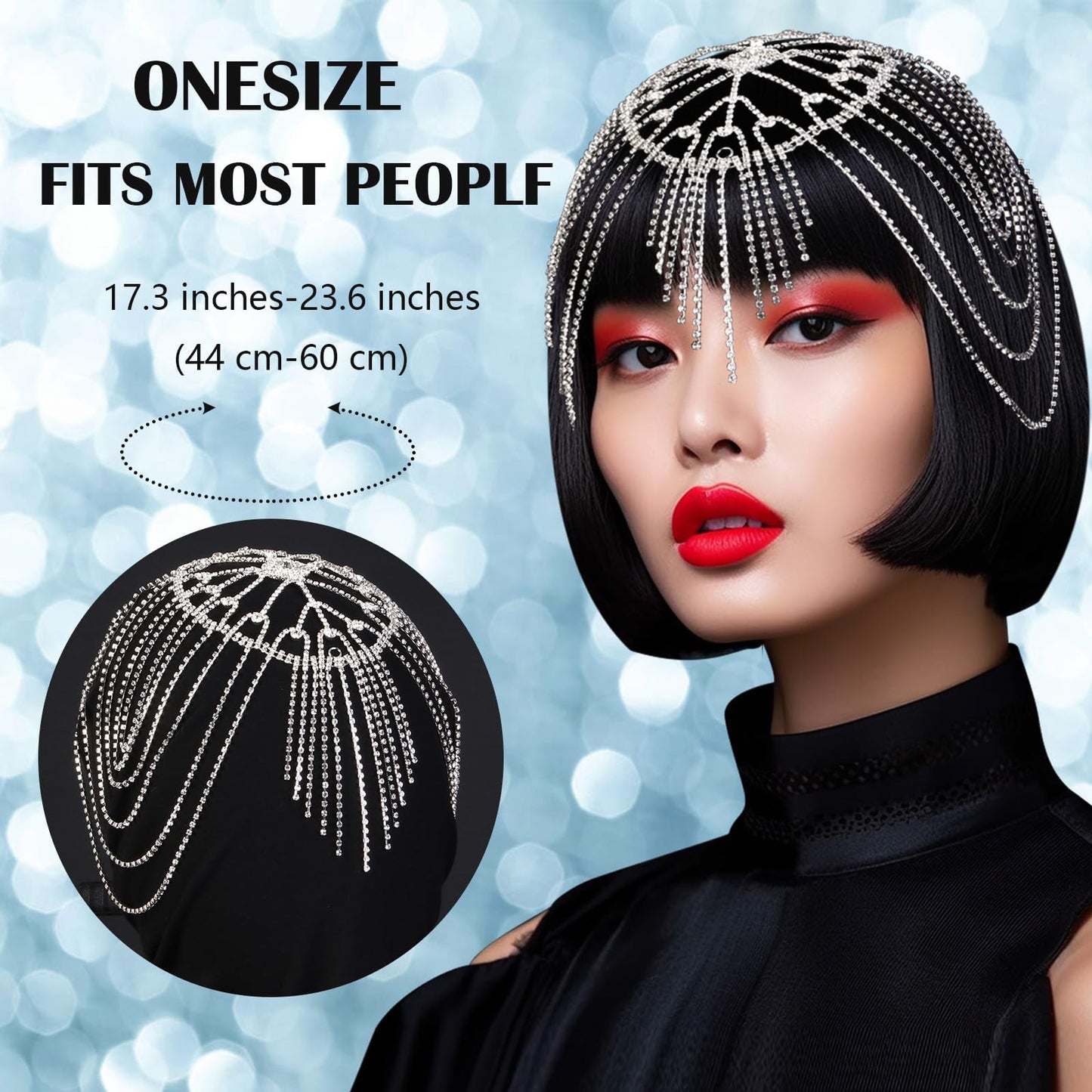 Vijiv 1920s Rhinestone Headpiece for Women Wedding Bride Flapper Beaded Cap Head Chain Jewelry Roaring 20s Great Gatsby Hair Accessoreis for Art Deco Party Silver