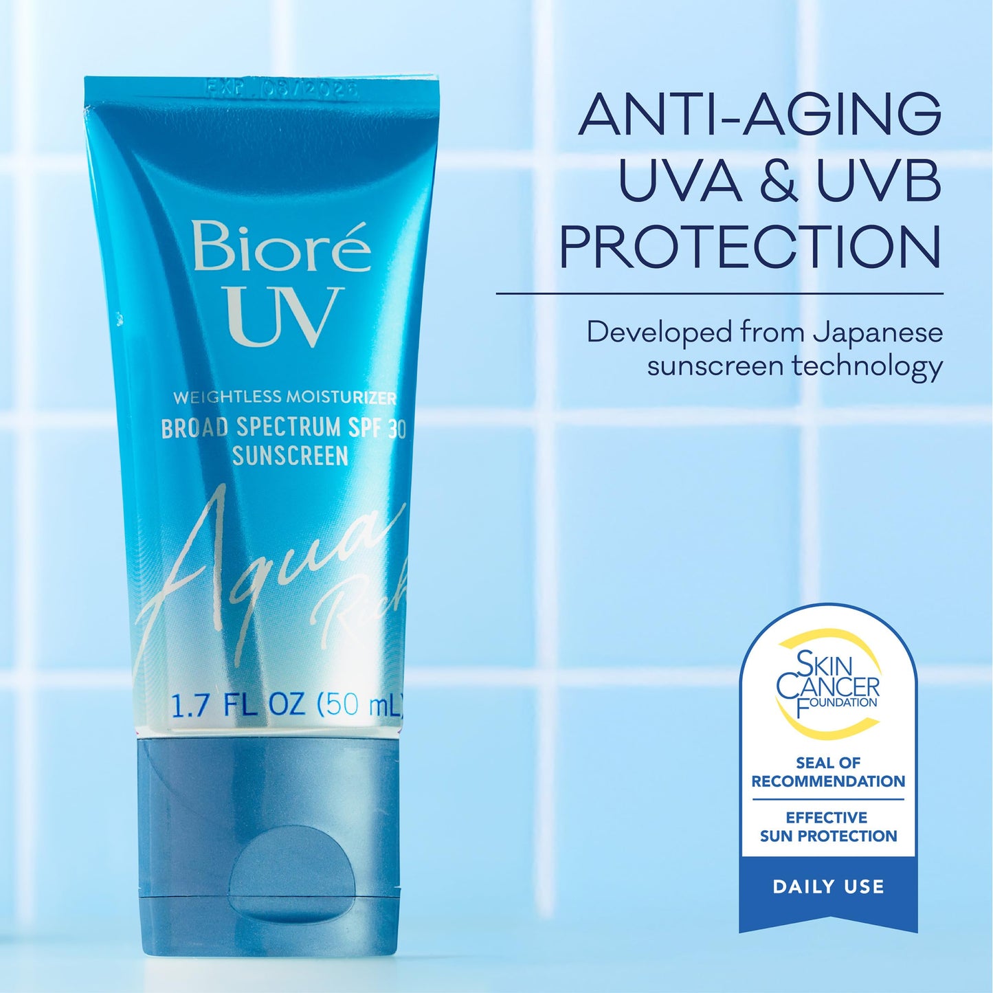 Biore UV Aqua Rich SPF 30 PA+++ Daily Moisturizer Sunscreen for Face, For Sensitive Skin, Oil Free, Hyaluronic Acid, Vegan, Oxybenzone & Octinoxate Free, Dermatologist Tested, 1.7 Oz