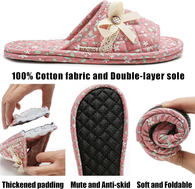 Floral Cotton House Slippers for Women - 3 Pairs of Comfortable, Washable Open Toe Indoor Footwear | Travel & Spa Use