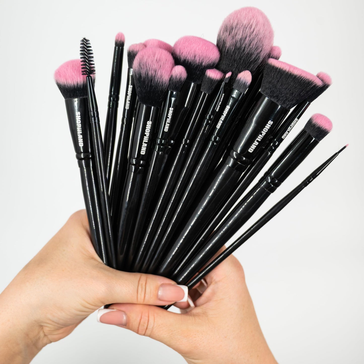 SHOPiiLAND 18-Piece Vegan Makeup Brush Set – Black & Pink Case, Soft Synthetic Bristles, Cruelty-Free, Ideal for Liquid, Powder, Cream & Bronzer; Includes Kabuki, Blender, Blush & Eyeshadow Brushes