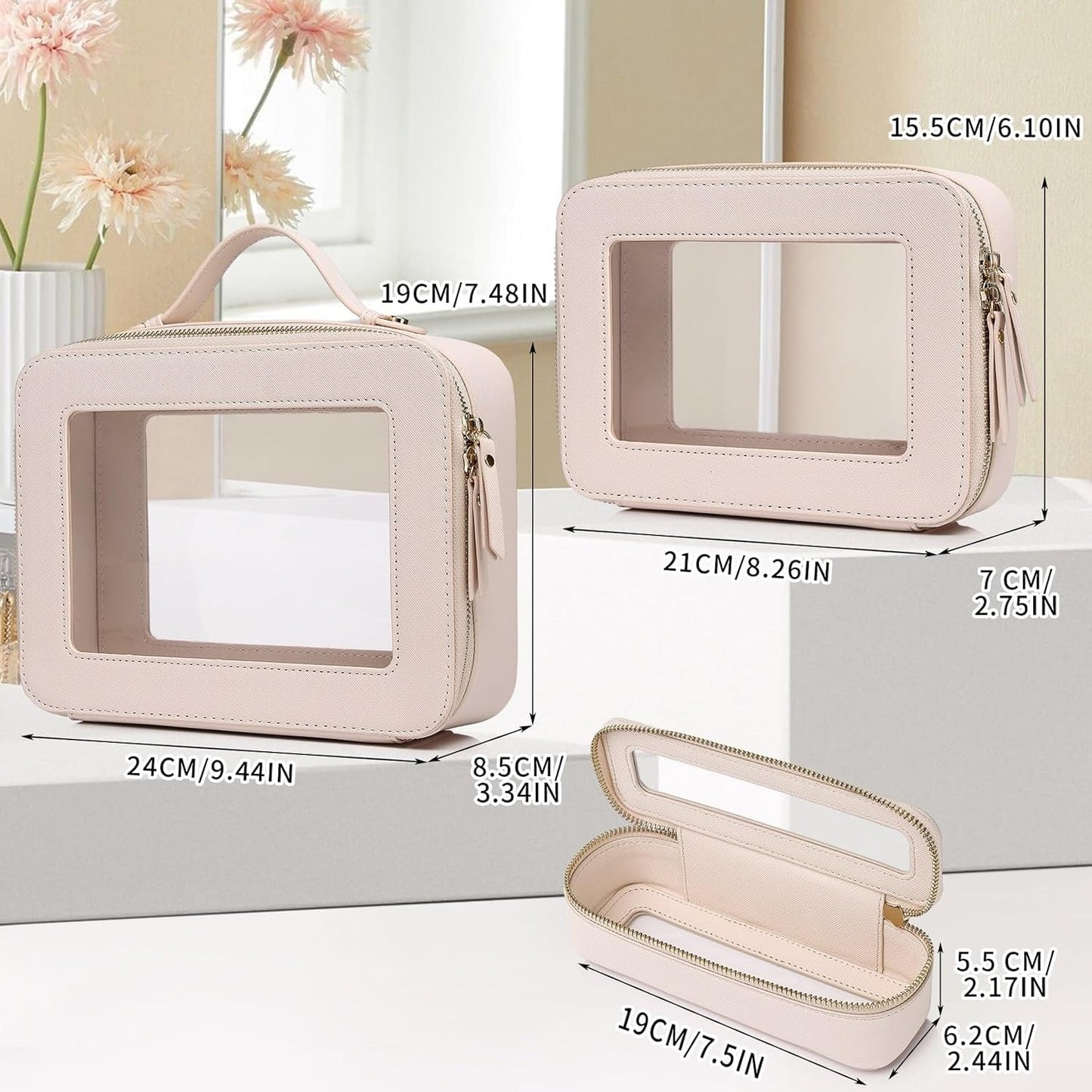 Travel Makeup Set - Waterproof Transparent Cosmetic Bag & Toiletry Organizer | Makeup Brush Case for Women (Beige, L+M+Slim)