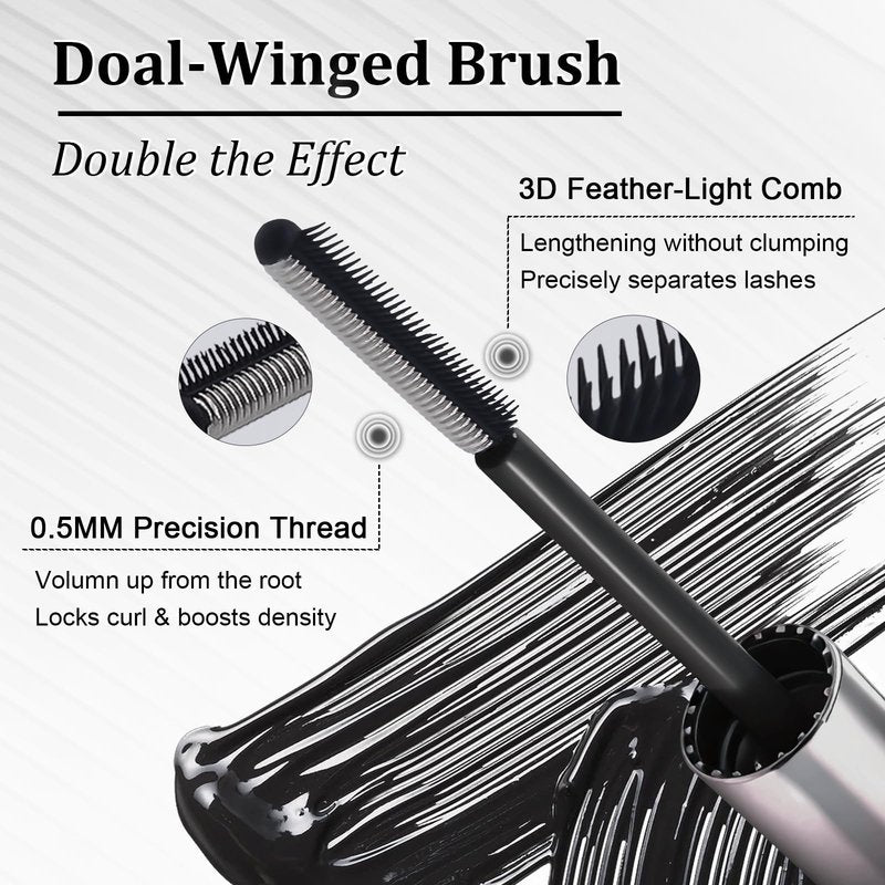 Feather Lash Iron Wand Mascara, Dual-Wing Brush Metal Mascara Wand, Primer & Topcoat 2-in-1, Extreme Waterproof, 3D Curling Volume & Length, Ideal for Swimming & All-Day Wear (Black)