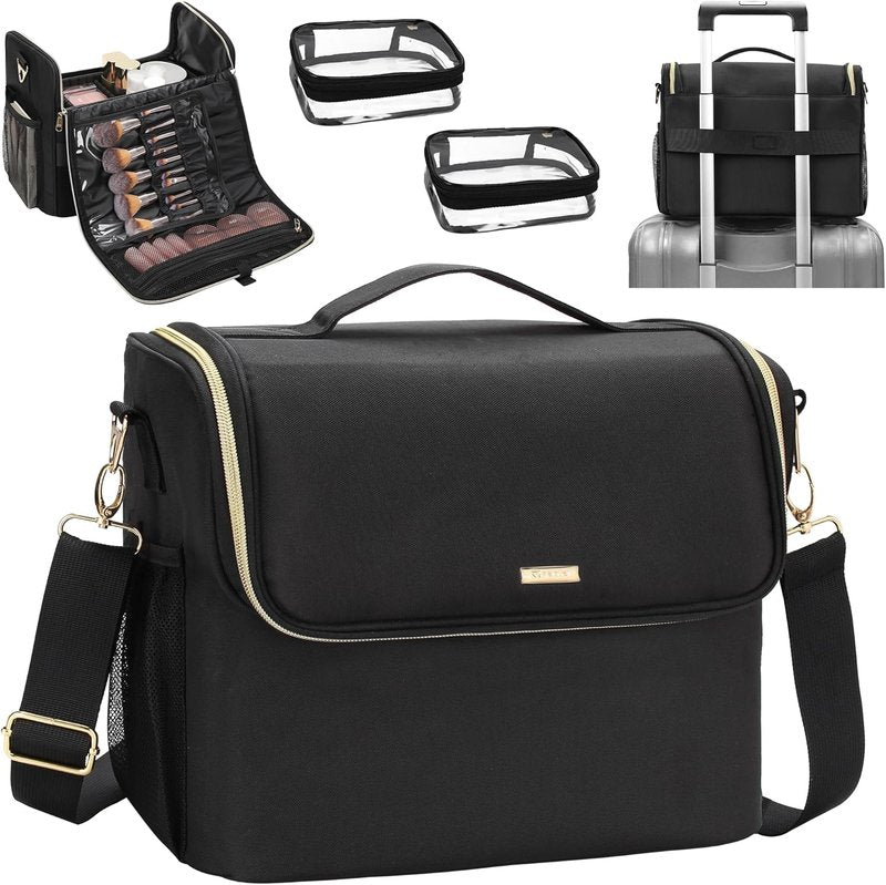 Makeup Carrying Train Case - Professional Makeup Organizer with Adjustable Dividers & Shoulder Strap | Black