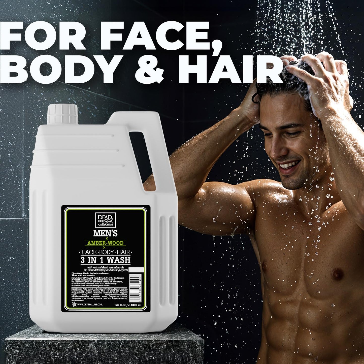 Dead Sea Collection Mens Body Wash 3 in 1 – Sandalwood Oil Body Wash with Dead Sea Minerals for Men – Bulk Shower Gel – Shampoo – Refill Shower Soap for Face and Hair (128 fl. oz)