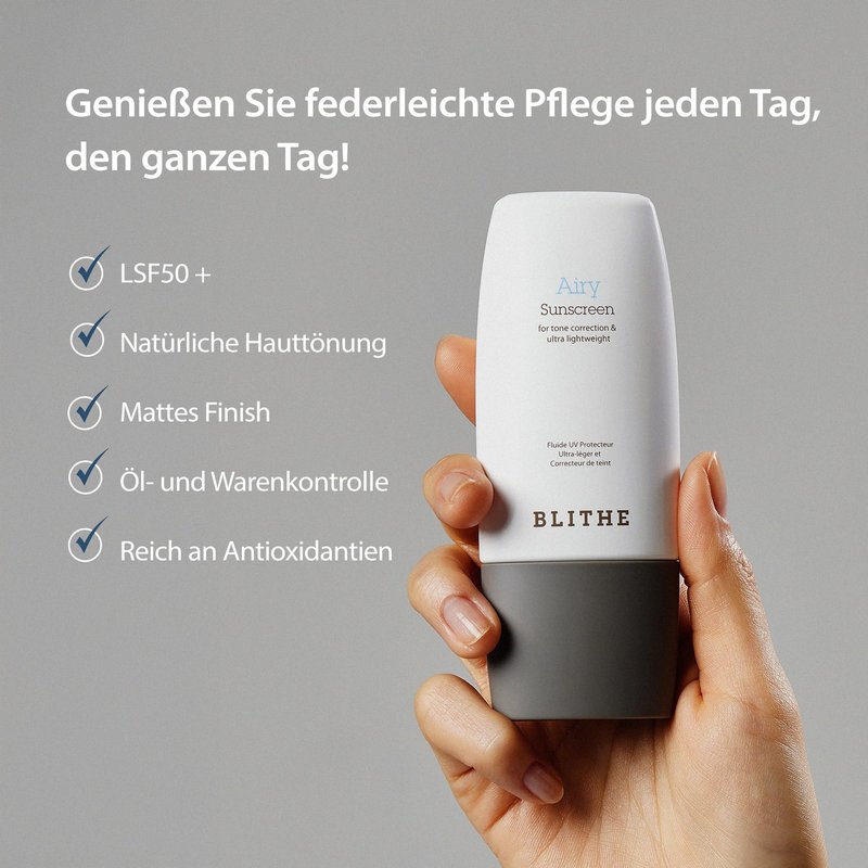 BLITHE Airy Sunscreen Ultralight sun protection - Korean Sunscreen for Tone Correction, Matte finish, Sebum Control SPF 50+ PA++++ (1.69oz)
