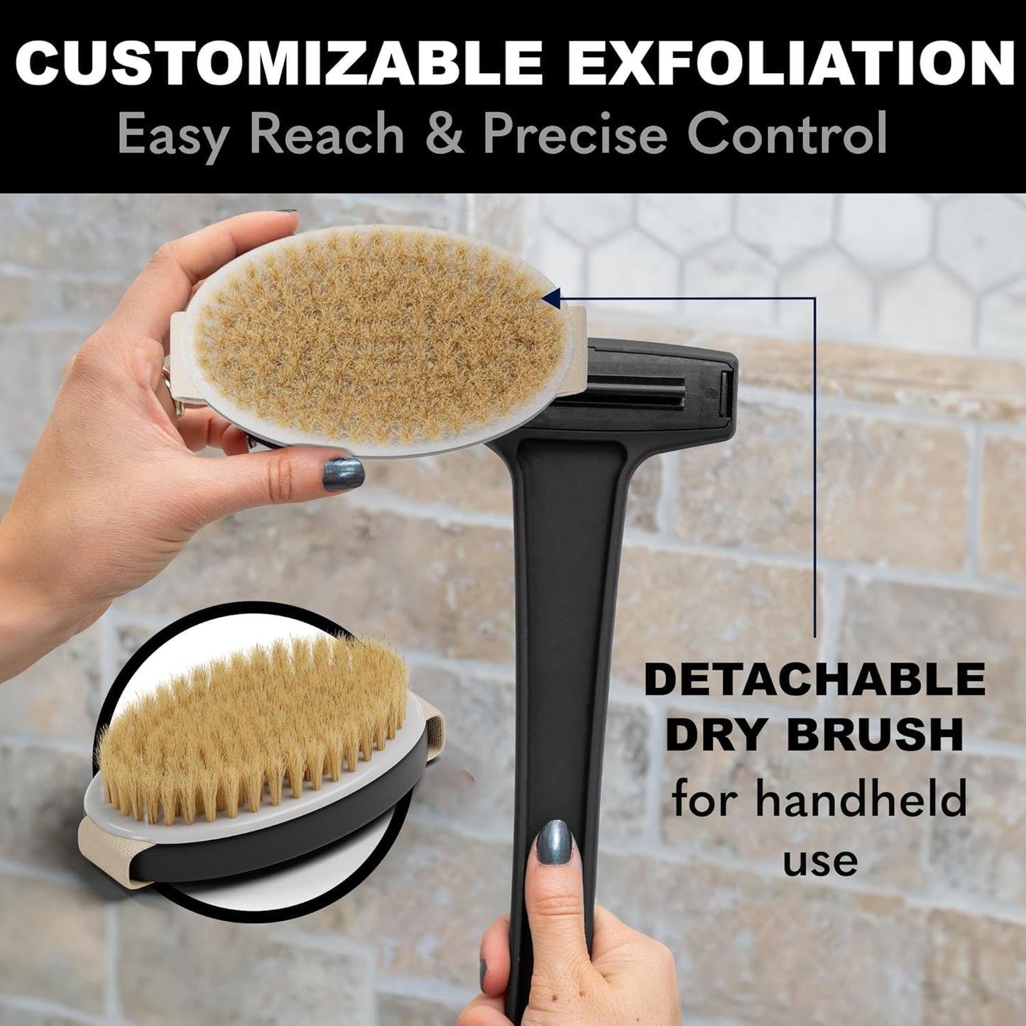 Bearback Dry Brushing Body Brush - Natural Bristles for Exfoliating | Long Handle & Removable Head