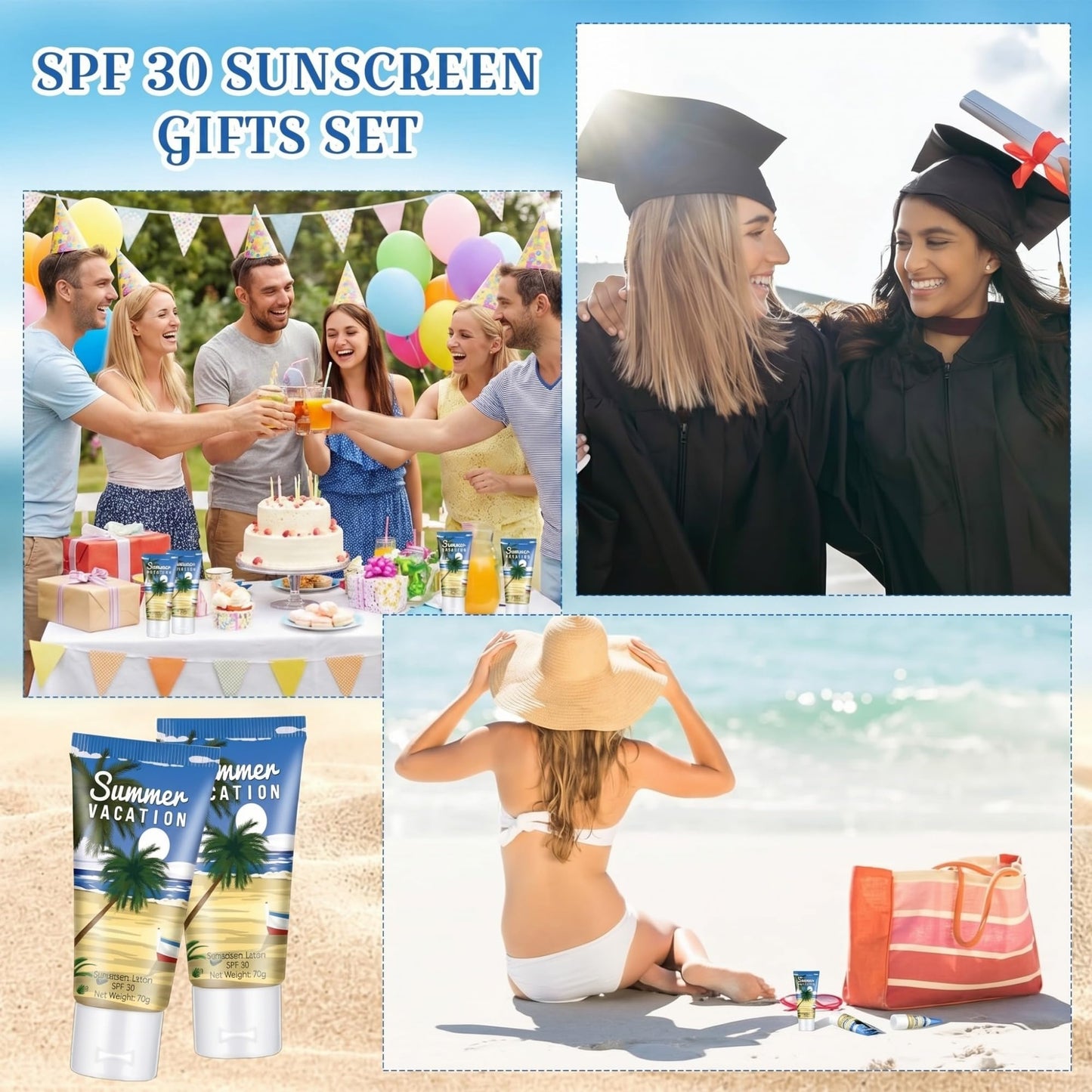 Dansib 24 Pcs Mini Sunscreen Bulk for Summer Party Wedding SPF 30 Water Resistant Sunscreen Lotion Bulk 1oz Travel Size for Thank You Gifts Wedding Supplies (Vacation)