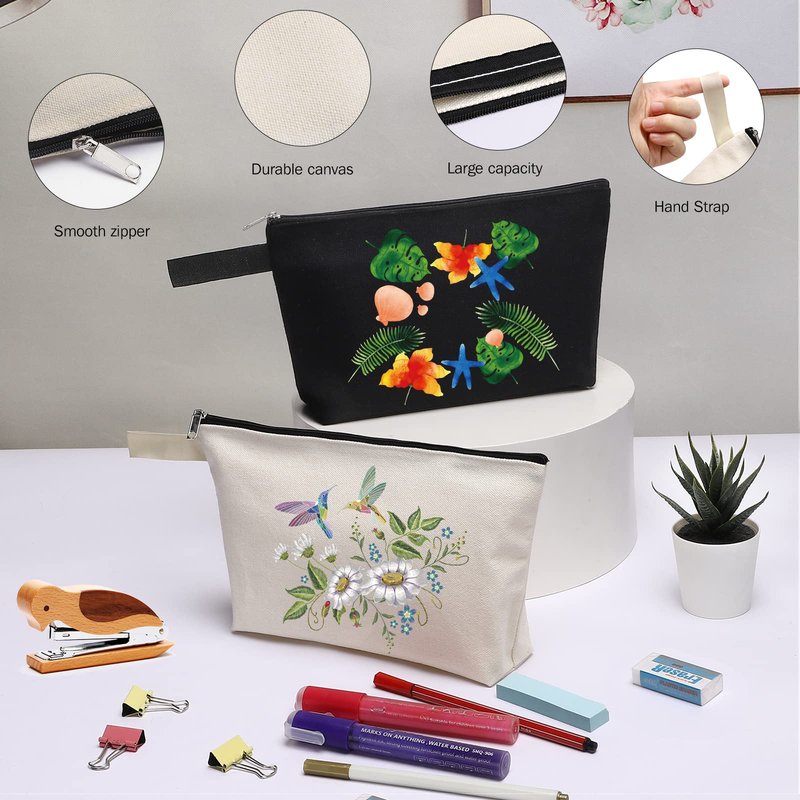 Sinzip 10 Pieces Cotton Canvas Makeup Bag with Bottom, Multi-Purpose Cosmetic Bag with Zipper Travel Toiletry Pouch, Blank DIY Craft Bag Pencil Bag (L, White) (MN-WB07)