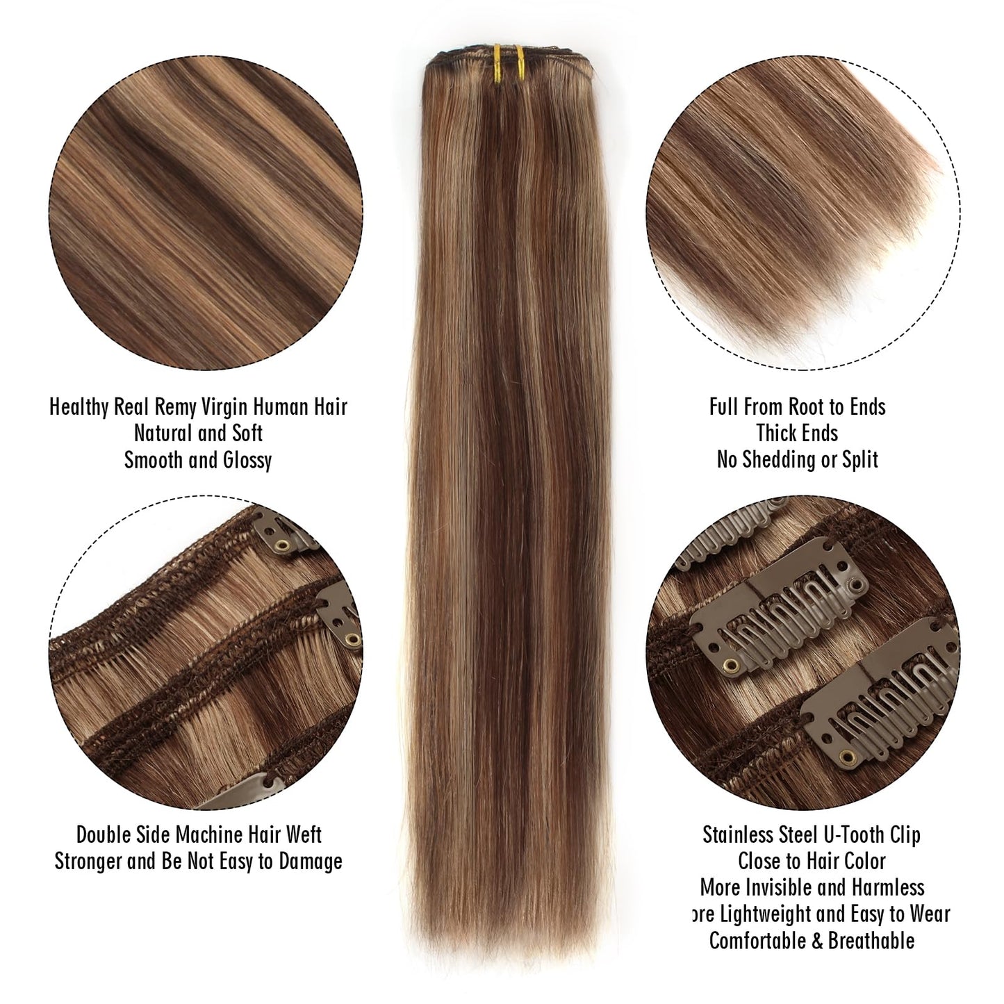 ABH AMAZINGBEAUTY HAIR Highlight Clip in Hair Extensions Human Hair 8 Pieces Chocolate Brown Mixed to Dark Blonde Hair Extensions Clip in Natural Blend Full Head Double Wefts Soft Straight 90G 16 Inch