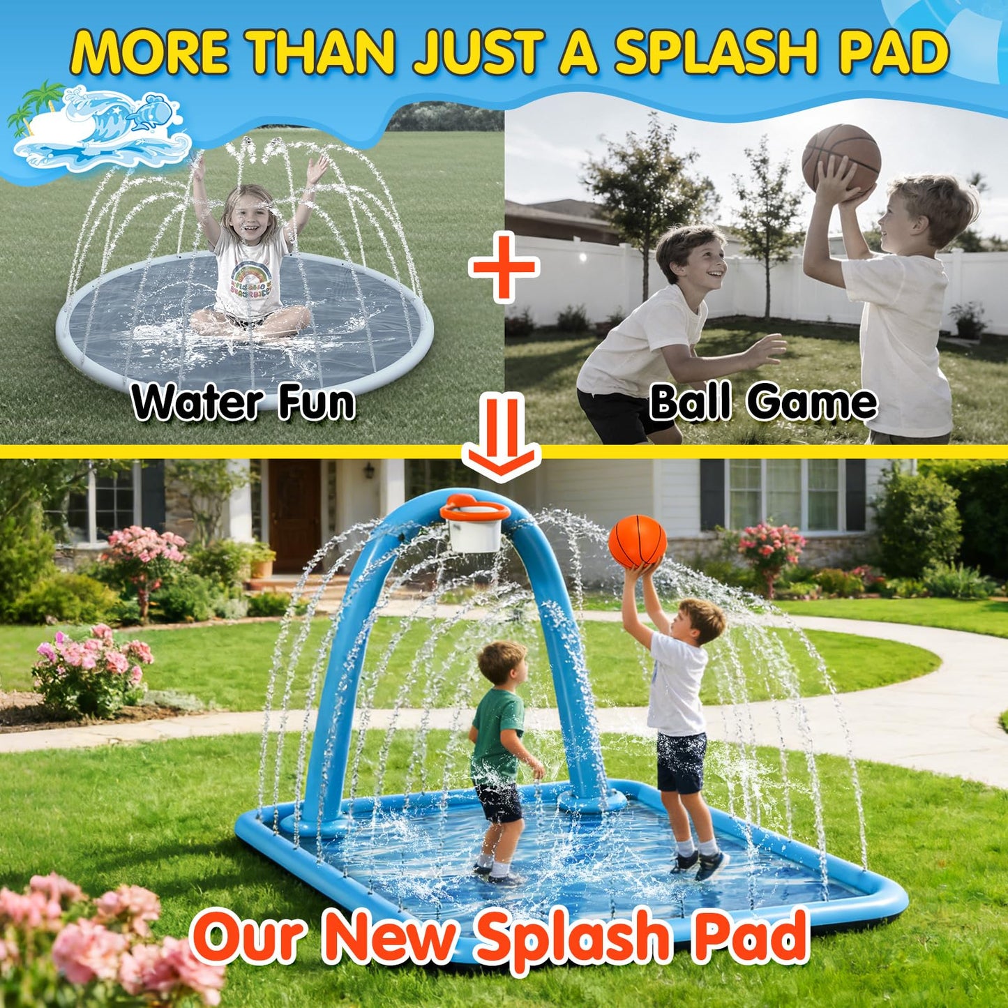 Instraella Splash Pad, 110x91'' 2-in-1 Large Sprinkler Mat with Basketball Hoop and Arch for Kids Outdoor Play, Shoot Game for Backyard, Inflatable Water OutdoorToys More Fun for Boys and Girls