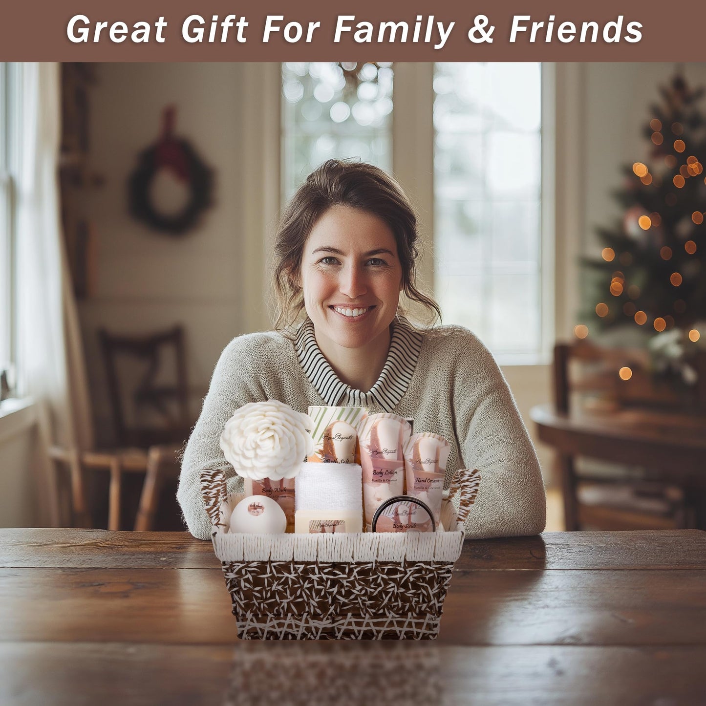 Aqua Elegante Bath Basket For Women - Deluxe Spa Set with Wash, Bubble Bath, Lotion, Salts, Body Scrub, Towel, Shower Puff, Bathbombs, Reusable Basket, Gifts for Mom, Wife, Her - Honey & Almond