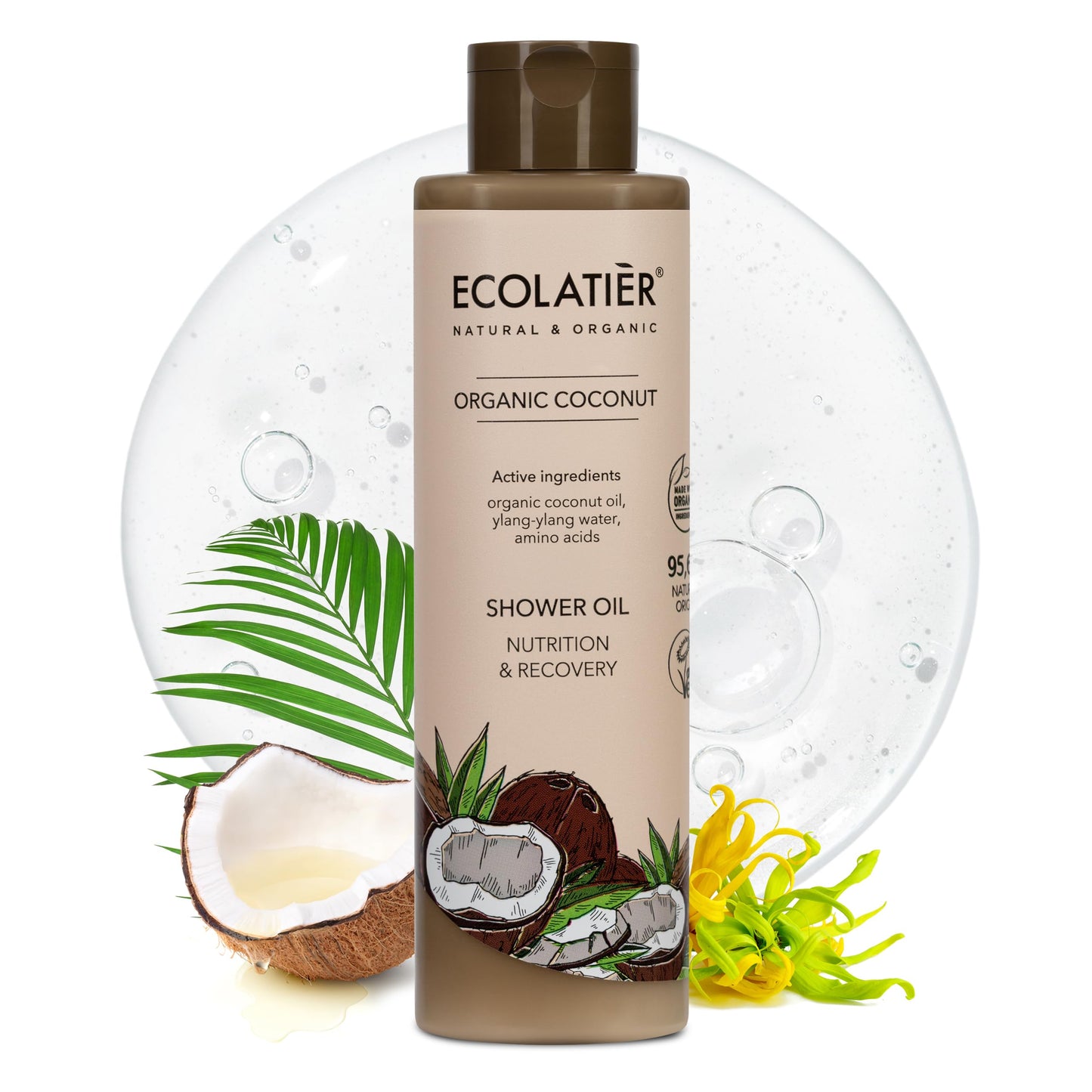 ECOLATIÈR Shower Oil – Organic Coconut Oil – Moisturizing & Nourishing Body Wash for Women, 95.5% Natural, Vegan, for Sensitive Skin - 8.5 Fl Oz (Coconut oil)