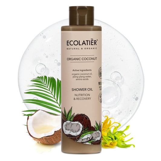 ECOLATIÈR Shower Oil – Organic Coconut Oil – Moisturizing & Nourishing Body Wash for Women, 95.5% Natural, Vegan, for Sensitive Skin - 8.5 Fl Oz (Coconut oil)