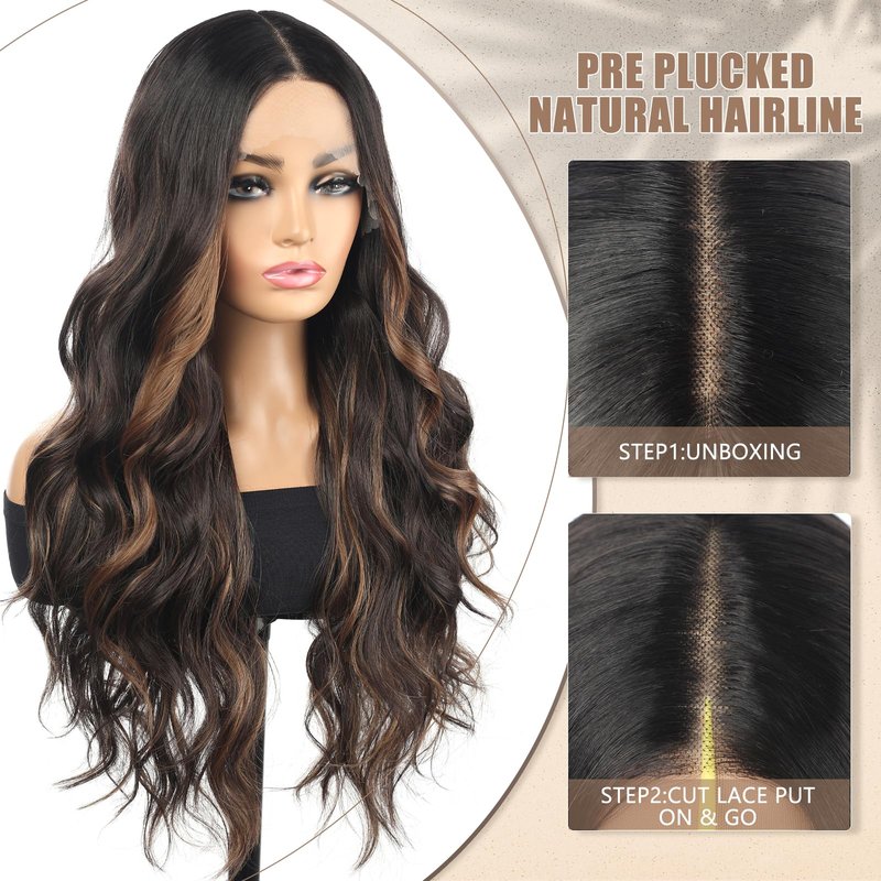 Rallarkrysset Highlight Lace Front Wig 13x4x1 Pre Plucked Ombre Brown Wigs for Women Ready to Wear HD Glueless Natural Long Wavy Wig for Women Middle Part Natural Look