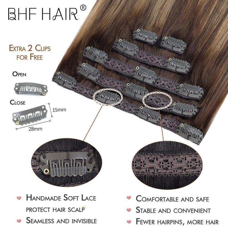14" Clip in Remy Human Hair Extensions Chocolate Brown to Caramel Blonde Balayage Double Weft Thickness to Ends, 100% Human Hair Extensions for Women, 6 Pieces 70g / 2.45oz.