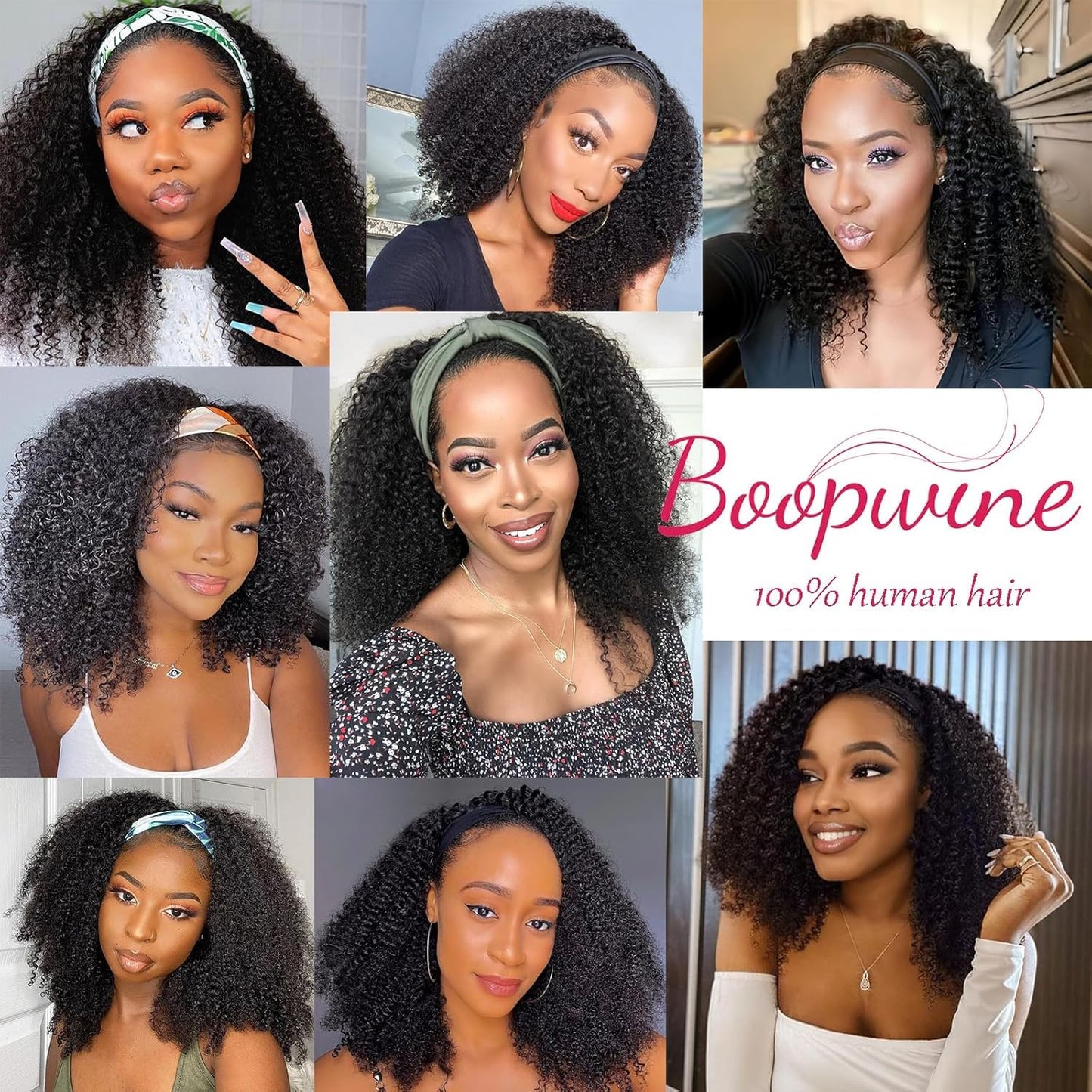 Headband Wig Human Hair Kinky Curly Glueless Wigs 12 Inch Natural Black