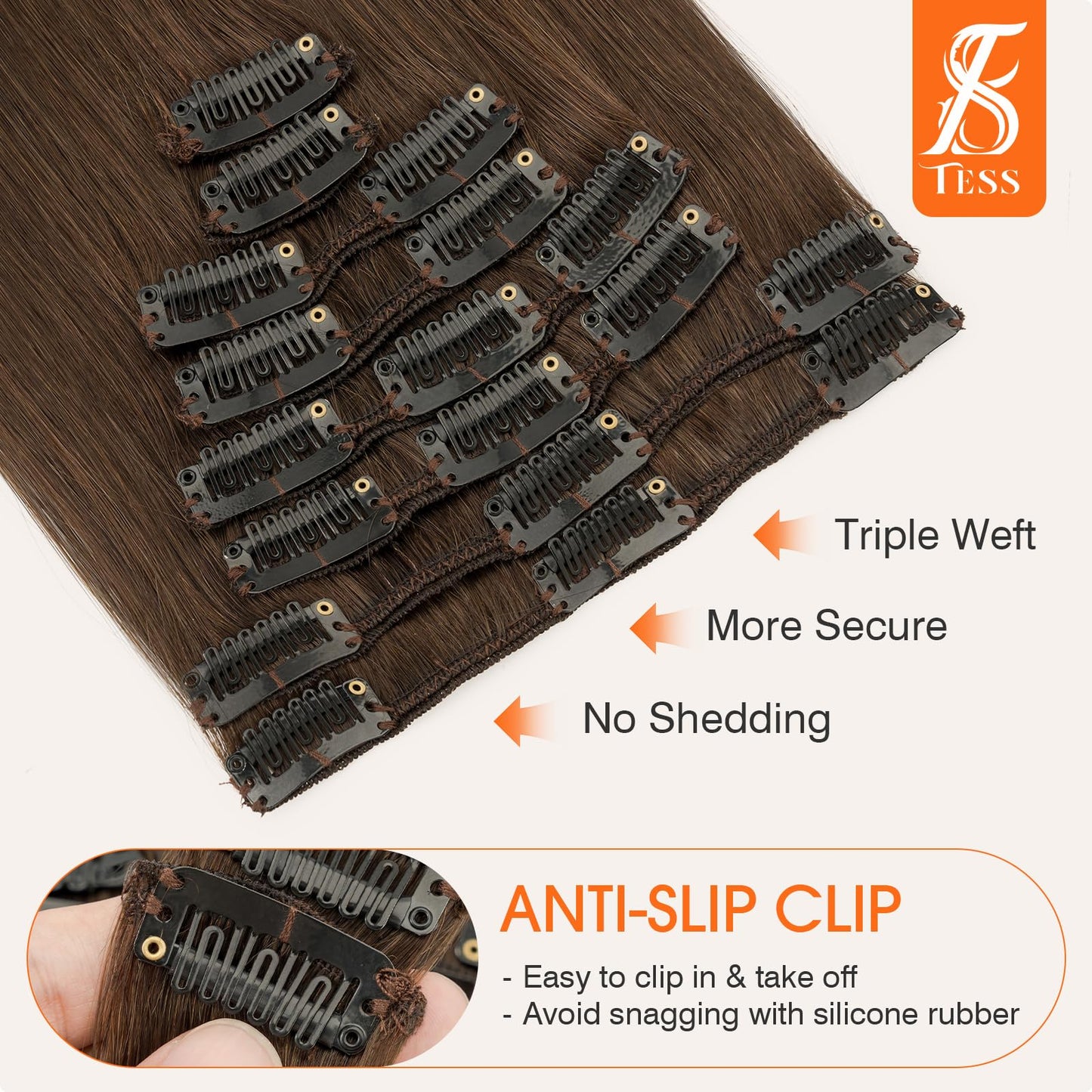 TESS Seamless Clip in Hair Extensions Human Hair Remy Clip ins Natural Soft Straight 8pcs 18Clips, 14 Inch, Dark Brown