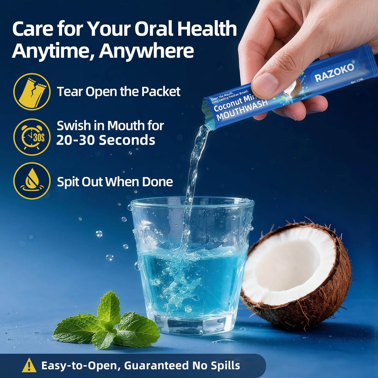 RAZOKO Disposable Mouthwash Travel Size-Fresh & Non-Greasy/Fresh Mint +Coconut Portable Packets,Alcohol & Fluoride Free,Gentle for Oral Care (0.41 Fl Oz (Pack of 20)