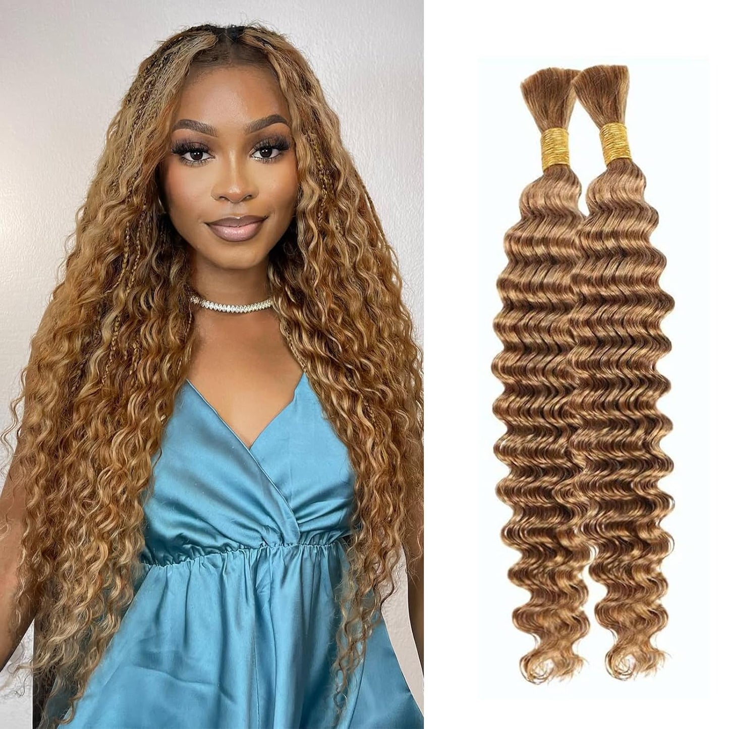 Blonde Human Braiding Hair - 24 Inch Deep Wave Bulk 100% Brazilian Virgin Hair for Boho Knotless Braids | 2 Bundles, 110g