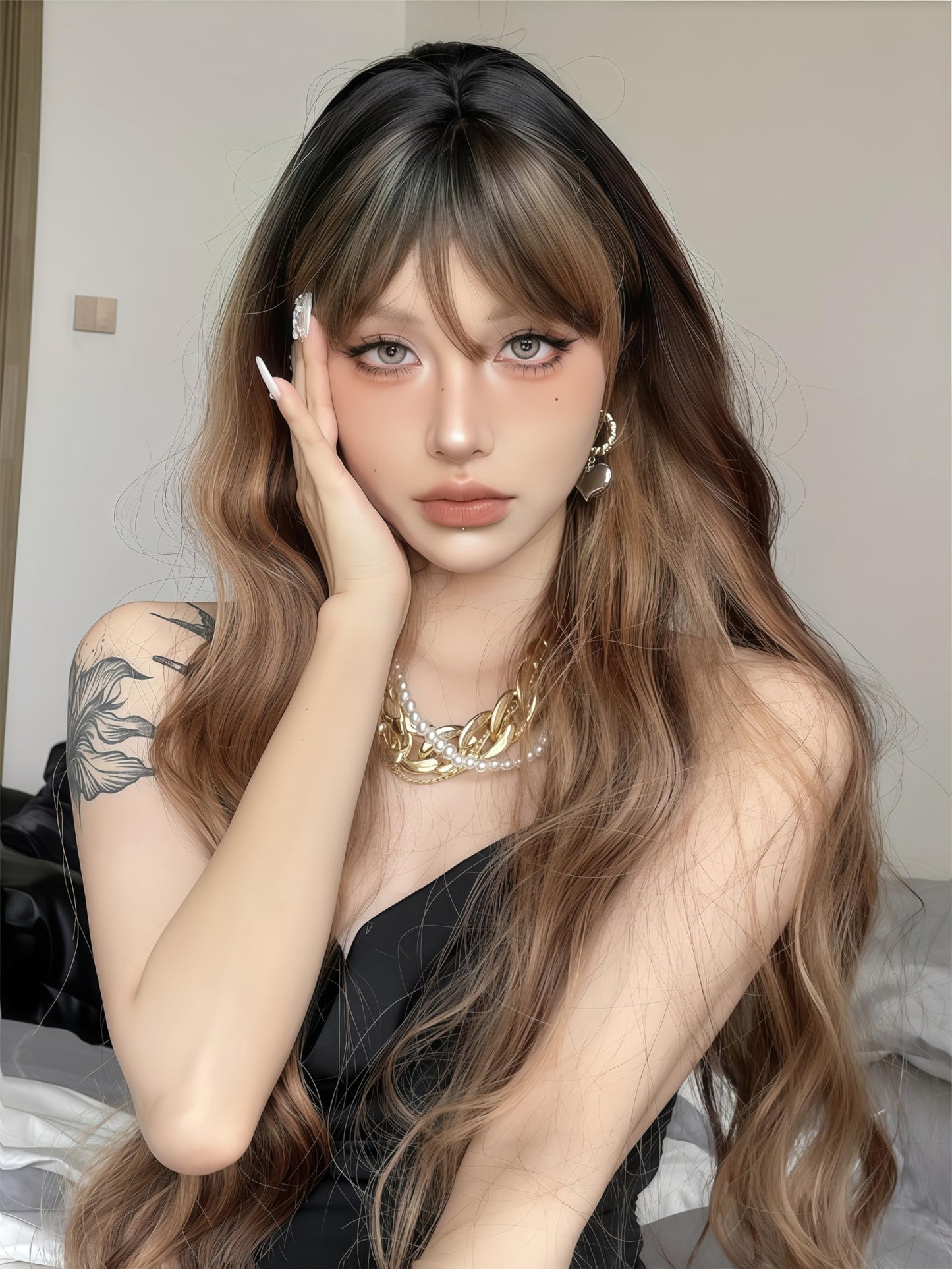 Aadesso Rust Brown Long Straight Wig 65cm Blunt Bangs Daily Synthetic Hair for Women East Asian Fashion K-pop Style Warm Earthy Heat Resistant wig cap (25.6 Inch)