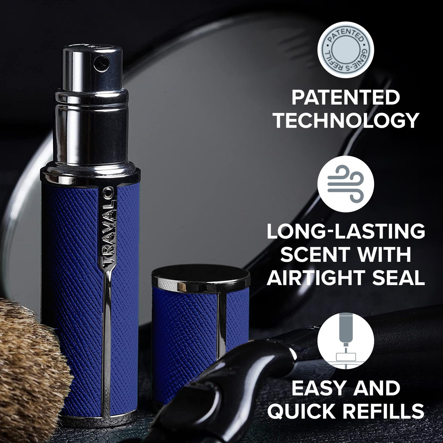 Travalo Milano Perfume Atomizer - Leak-Proof and TSA Approved for Air Travel - Reusable, Airtight, Easy Fill Mini Pump Sprayer - Lightweight, Vegan Leather with Polished Metal Outer Shell - Blue