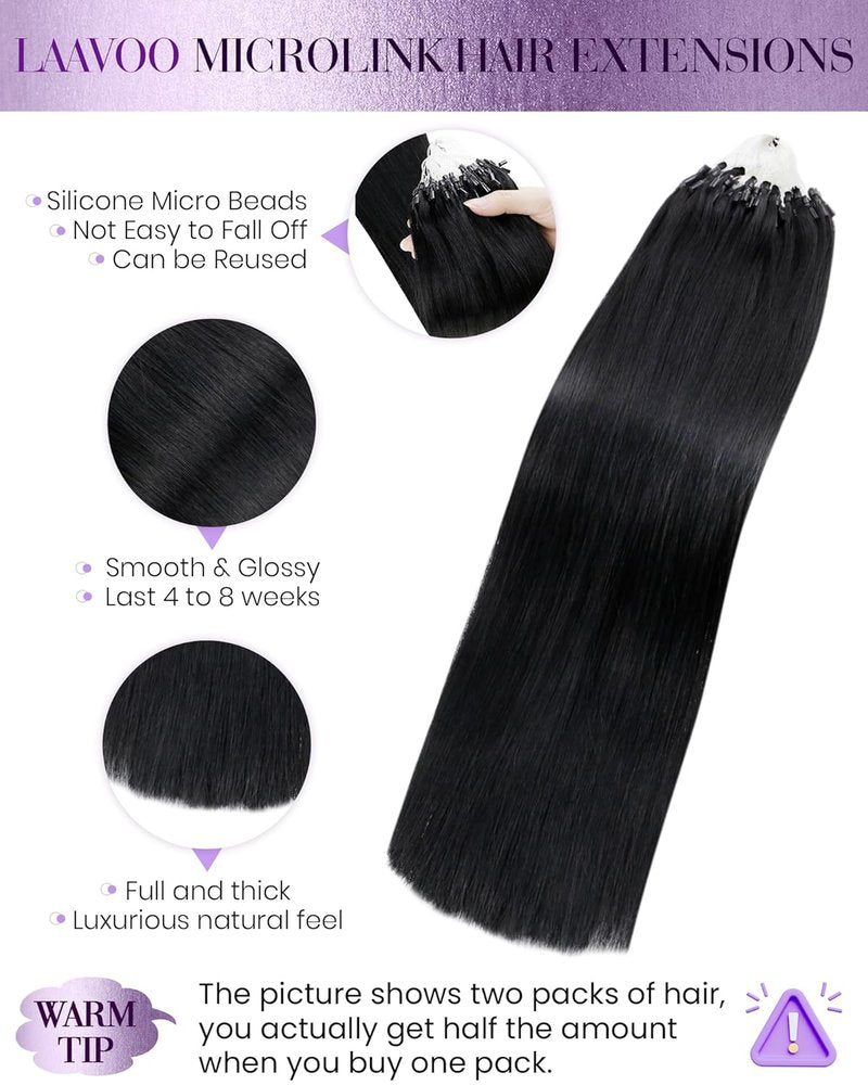 LaaVoo 18-Inch Micro Loop Hair Extensions - Black Human Hair with Keratin & Silicone Beads | 50g Stick Tip
