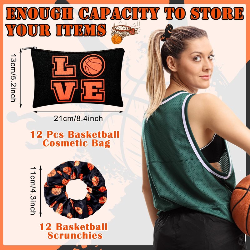 Moukeren 24 Basketball Stuff Set Cosmetic Bags Sport Makeup Bags Pencil Storage Case Portable Satin Hair Scrunchies Elastic Hair Bands Basketball Gifts for Girl(Black,Elegant Style)