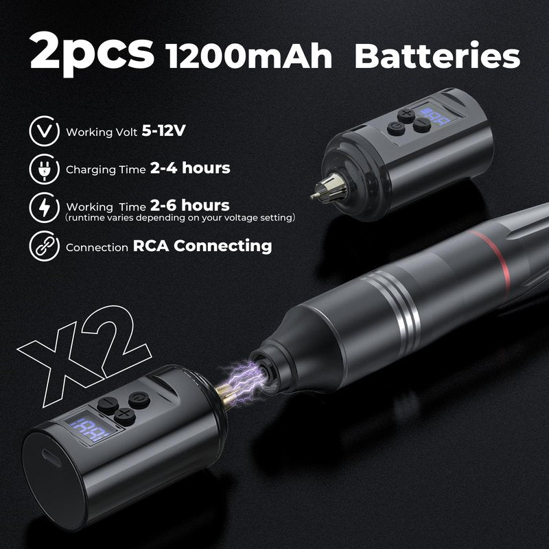 Wireless Tattoo Kit for Beginners - Tattoo Machine with 2pcs 1200 mAh Capacity Power Supply, Tattoo Pen Kit with 10Pcs Tattoo Cartridge Needles Transfer Papers and 2mm Tatoo Practice Skin