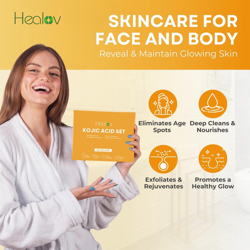 Kojic Acid Skincare Set – Kojic Soap Cleanser, Exfoliating Body Scrub, Face Cream & Brightening Facial Serum – Skin Brightening Hyperpigmentation Treatment, Dark Spot Corrector – with Turmeric Papaya