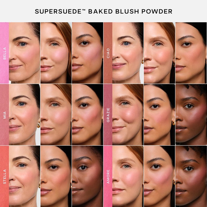 Saie SuperSuede Baked Blush - Talc-Free Powder Blush for Cheeks Infused with Hyaluronic Acid, Glycerin + Squalane - Hydrating Face Makeup for a Natural, Diffused Flush of Color - Ciao (0.1 Ounce)