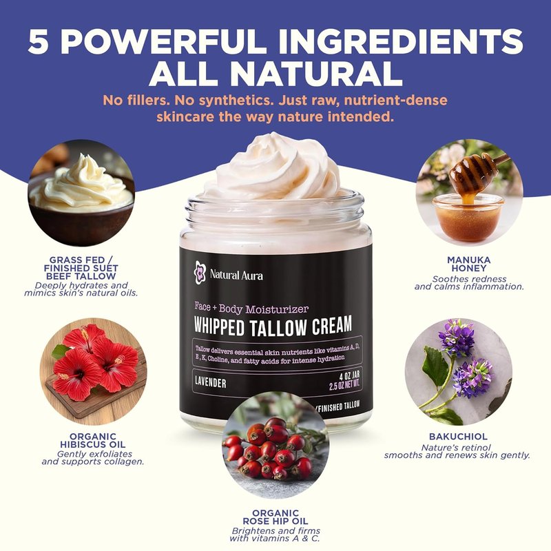 Whipped Beef Tallow Moisturizer - Natural Face & Body Balm | 100% Grass Fed Tallow & Honey - 4oz Lavender