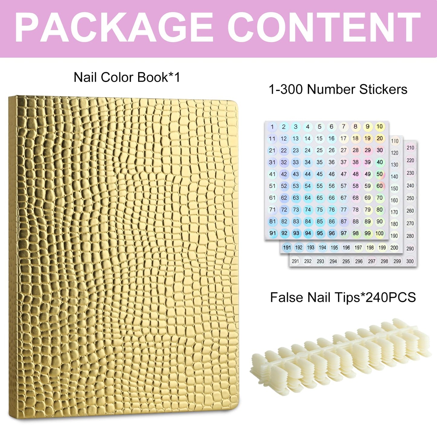 C12rtive 216 Nail Display Book with 240 Nail Tips & 300 Number Labels, Professional Gel Polish Nails Art Design Swatches Book (Silver)