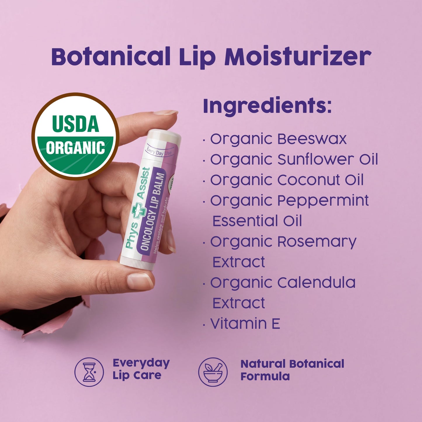 PhysAssist Oncology Cream with Botanicals for Body 4 oz + Lip Balm 3 Pack. Skin Therapy Set for Dry, Sensitive & Stressed Skin – Hydrating Body Cream & Moisturizing Lip Care