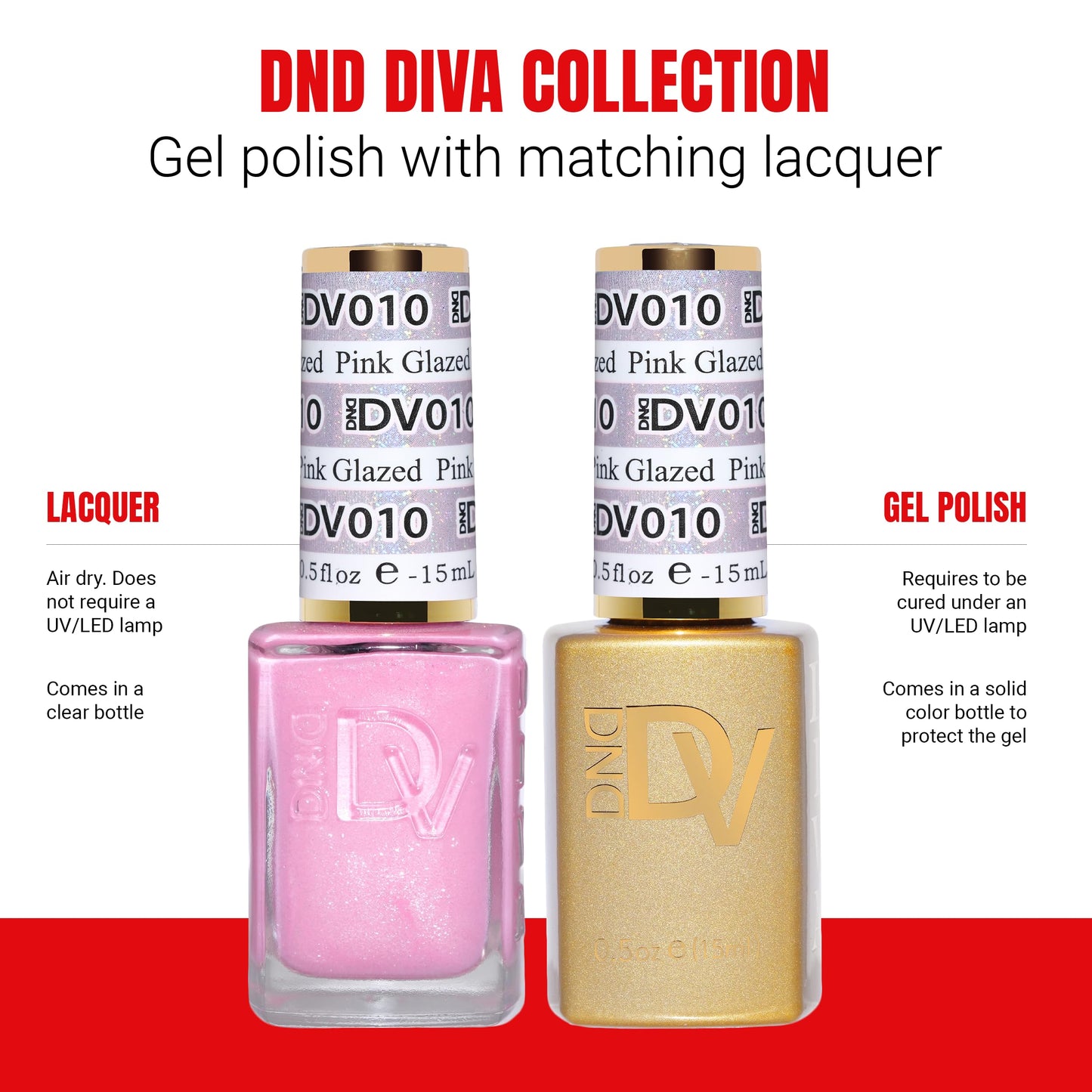 DND Gel Diva Polish Set, Mirrorball Collection, UV/LED Gel Polish and Air Dry Nail Lacquer, Matching Chip-Free Polish Duo, Pink010 Pink Glazed, 0.5 Fl Oz Each
