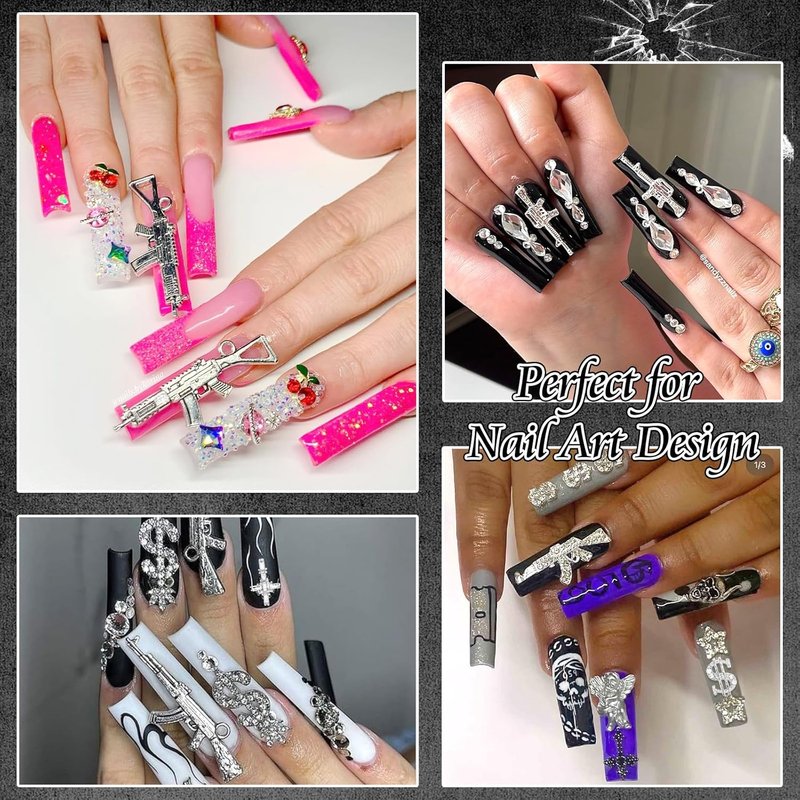 3D Gun Nail Charms - 50PCS Cross & Dollar Nail Gems for Manicure | Gold & Silver Snake Decorations