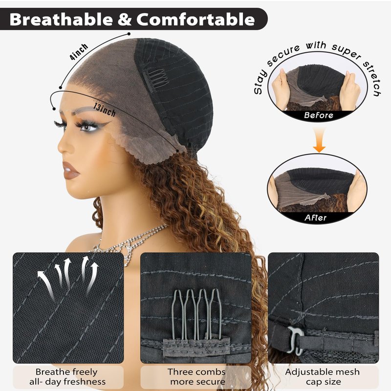 forfeels Ombre Brown Mixed Blonde Highlight Synthetic Lace Front Wig 24 Inches 13x4 HD Long Curly Wavy Lace Front Wigs for Women Daily Party Use