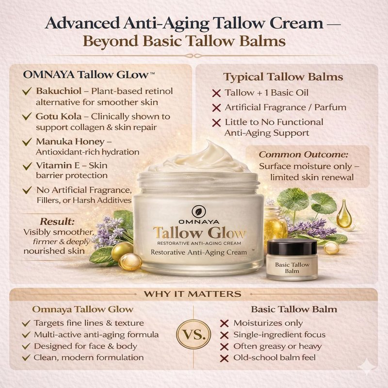 Organic Premium Grass-Fed Beef Tallow for Skin - With Bakuchiol & Gotu Kola for Anti-Aging, Face & Body Cream with Jojoba, Honey, Greek Olive Oil 4oz
