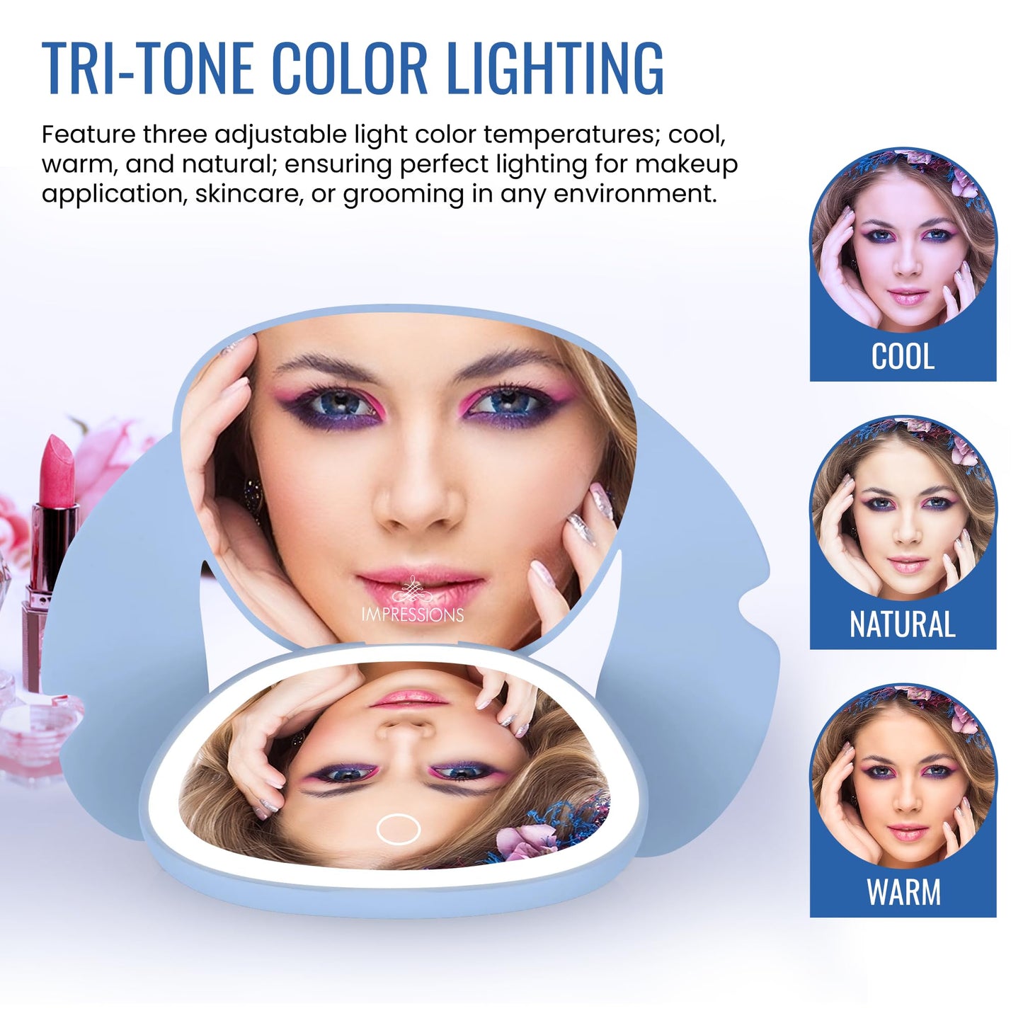 Impressions Vanity Stitch Ohana LED Compact Mirror with Lights, Lighted Travel Makeup Mirror with 3X Magnification, Adjustable Brightness, and Soft Touch Velvety Finish, Auto Shut-Off