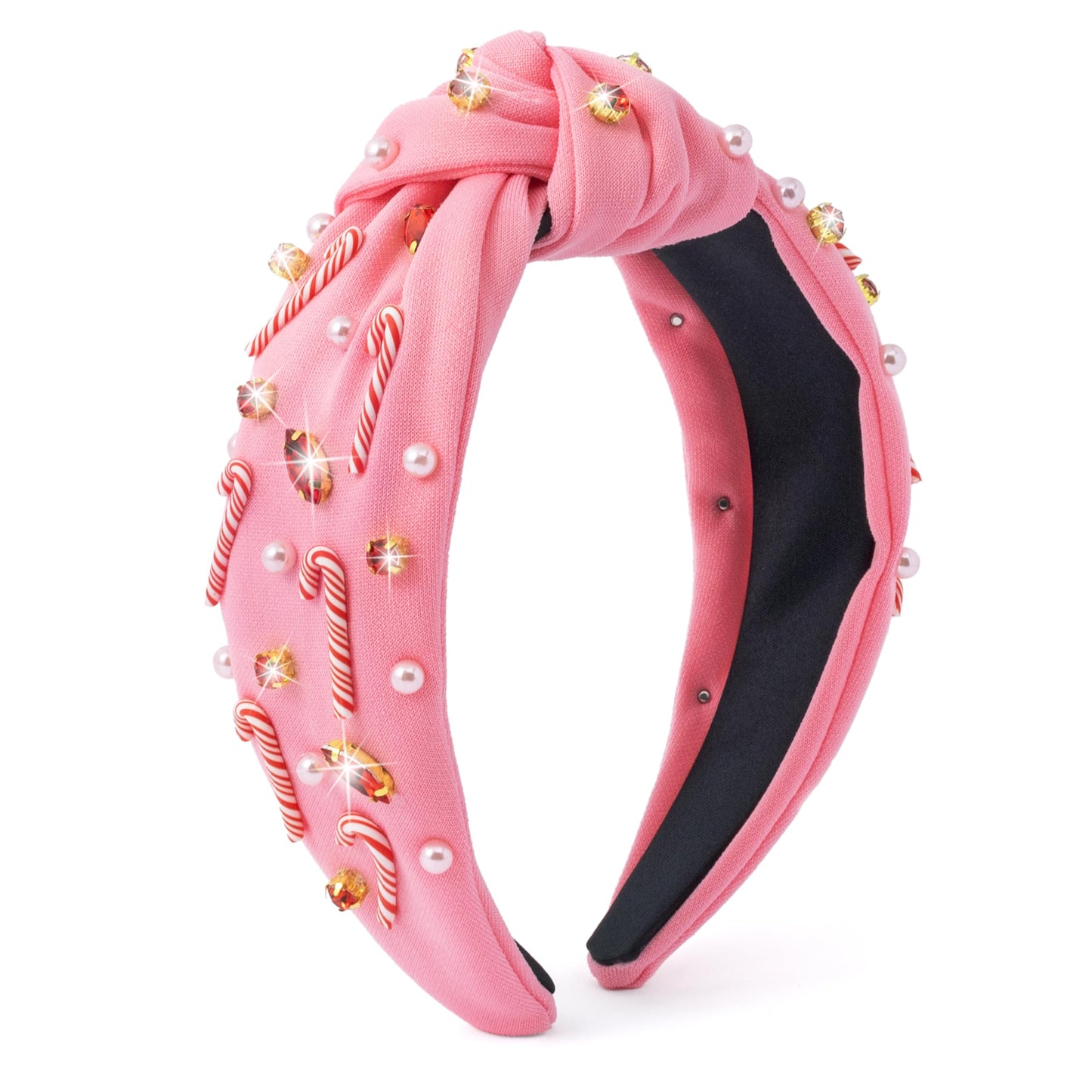 PANTIDE Christmas Jeweled Knotted Headband - Xmas Candy Cane Rhinestone Crystal Pearl Embellished Headband None Slip Wide Top Knot Fashion Hairband Hair Accessories Birthday Gift for Women Girl (Pink)