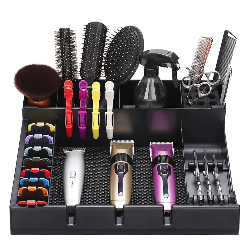 Upgrade Large PU Leather Barber Station Organizer for Clippers & Guards, 15x12x5 inch Multifunctional Barber Organizer Tray Salon Tools Storage, Detachable Salon Countertop Tray for Hairdressing Tool