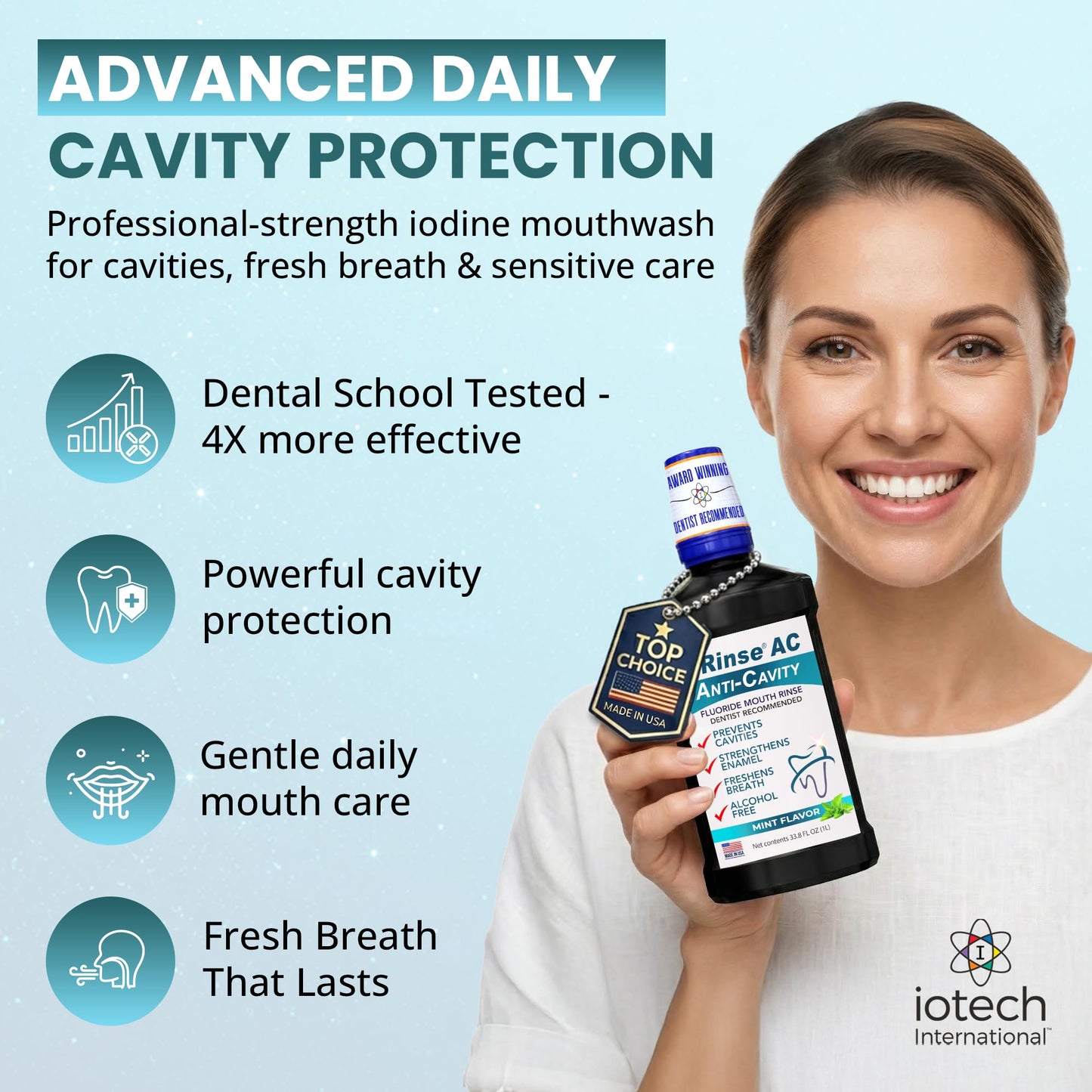 ioRinse AC Anticavity Fluoride Mouthwash - Alcohol-Free Molecular Iodine Mouth Wash Fights Tooth Decay & Protects Enamel - Safe Mint Rinse for Sensitive Mouths - Potent Bad Breath Protection - 33.8 oz