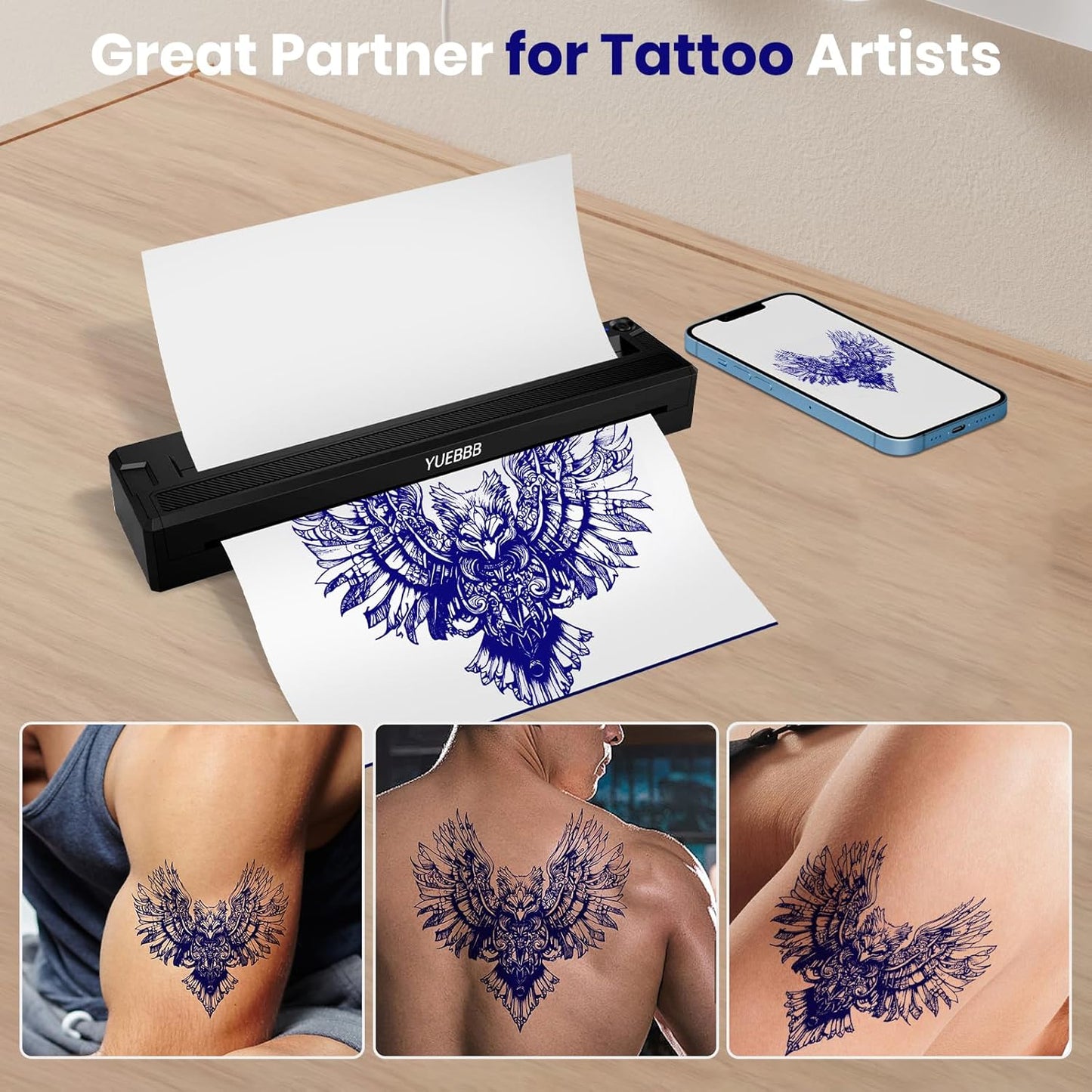 Tattoo Stencil Printer - Portable Wireless Bluetooth Thermal Transfer Machine | Includes 10 Thermal Papers & 3 Transfer Papers, Black