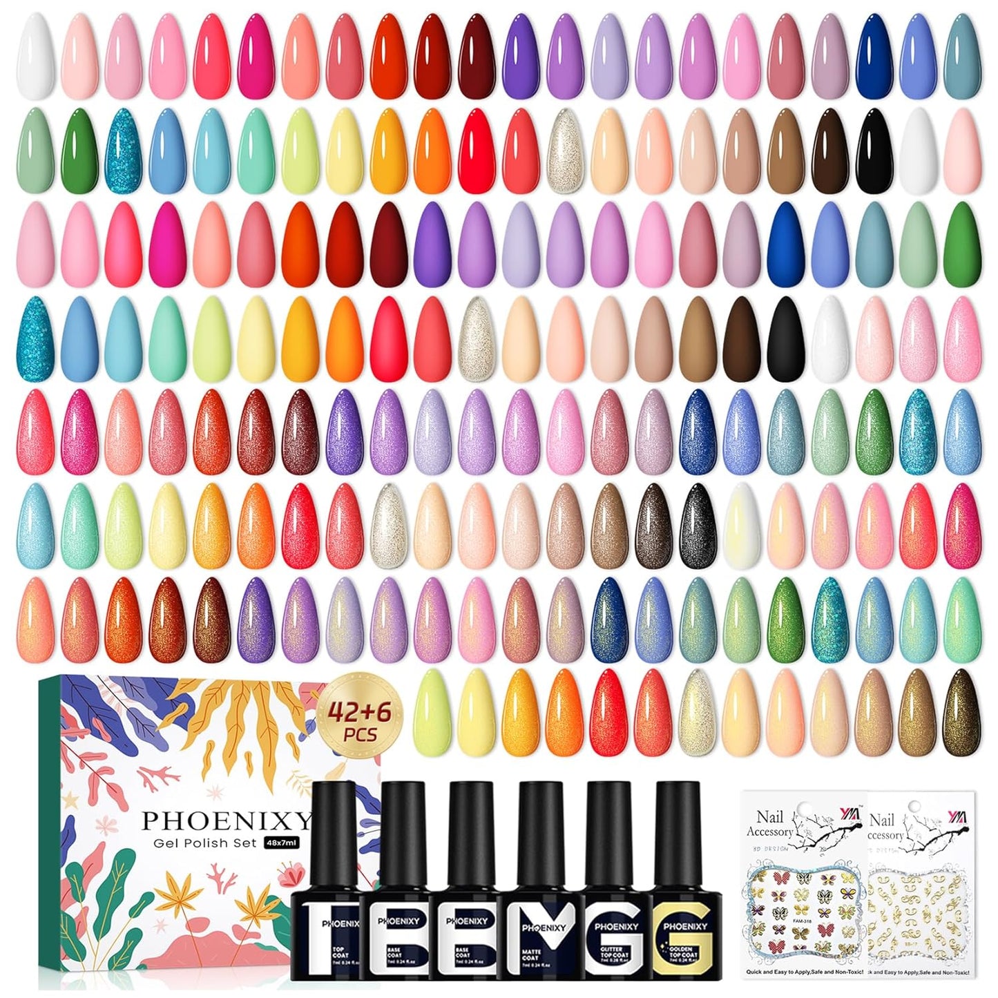 PHOENIXY Gel Nail Polish Set - 50 Pcs with 42 Vibrant Colors, Base & 4 Effects Top Coats | Perfect Nail Starter Kit for Women